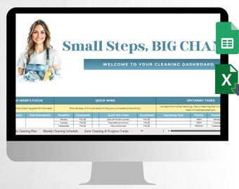May include: A computer monitor displays an ADHD cleaning planner template. The screen shows a woman and the text "Small Steps, BIG CHANGE". The planner includes sections for weekly focus, quick wins, and upcoming tasks. The bottom of the screen reads "GOOGLE SHEETS / EXCEL / INSTANT DOWNLOAD".