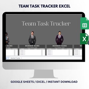 Puede incluir: Un monitor de computadora muestra una plantilla de hoja de cálculo "Team Task Tracker". La plantilla incluye secciones para nombres de miembros, tareas, horas y niveles de prioridad. También se ve el texto "Team Task Tracker Excel" y "Google Sheets / Excel / Instant Download".