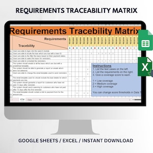 Puede incluir: Un monitor de ordenador muestra una hoja de cálculo titulada "Requirements Traceability Matrix". La hoja de cálculo incluye columnas para los requisitos y la trazabilidad, con instrucciones y puntuaciones de cobertura. El texto en la parte inferior dice "GOOGLE SHEETS / EXCEL / INSTANT DOWNLOAD."