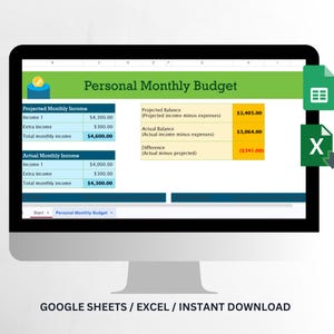 May include: A computer monitor shows a personal monthly budget spreadsheet. The spreadsheet details projected and actual income, expenses, and balances. The text "GOOGLE SHEETS / EXCEL / INSTANT DOWNLOAD" is at the bottom.