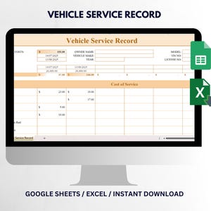 Vehicle Service Record Excel Spreadsheet Template, Automotive Repair Tracker Spreadsheet | Vehicle Maintenance Log | Maintenance Checklist