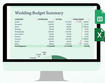 May include: A computer monitor displays a wedding budget spreadsheet. The spreadsheet shows categories like outfits, reception, and photography, with estimated and actual costs. Text at the top reads "WEDDING BUDGET SPREADSHEET". The bottom text says "GOOGLE SHEETS / EXCEL / INSTANT DOWNLOAD".