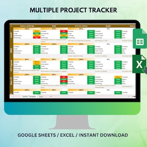 Puede incluir: Un rastreador de proyectos digital que se muestra en una pantalla de ordenador. La hoja de cálculo muestra las fases del proyecto, los porcentajes de progreso y los indicadores de estado. El texto en la parte superior dice "MULTIPLE PROJECT TRACKER". En la parte inferior se lee "GOOGLE SHEETS / EXCEL / INSTANT DOWNLOAD."