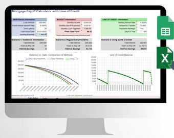 Early Mortgage Payoff Calculator With Line of Credit Spreadsheet, Real Estate Mortgage Tracker, Mortgage Loan Payment Tracker Google Sheets