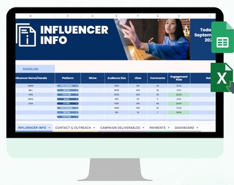 May include: A computer screen showing an influencer tracker spreadsheet. The spreadsheet details influencer data, including platform, niche, audience size, and engagement metrics. The title "INFLUENCER TRACKER SPREADSHEET" is visible. The image also includes the text "GOOGLE SHEETS / EXCEL / INSTANT DOWNLOAD".