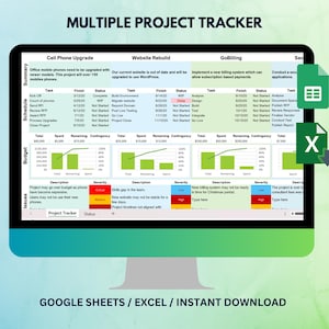 Può includere: Uno schermo di computer mostra un project tracker con sezioni per l'aggiornamento dei telefoni cellulari, la ricostruzione del sito Web e l'implementazione del sistema di fatturazione. Il tracker include budget, pianificazione e monitoraggio dei problemi.