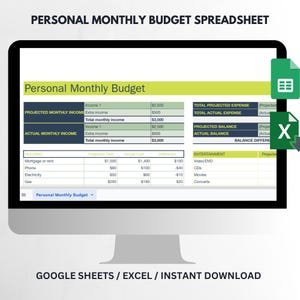May include: A computer monitor shows a personal monthly budget spreadsheet. The spreadsheet is organised with income, expenses, and balance sections. Text at the top reads "PERSONAL MONTHLY BUDGET SPREADSHEET". The bottom text says "GOOGLE SHEETS / EXCEL / INSTANT DOWNLOAD".