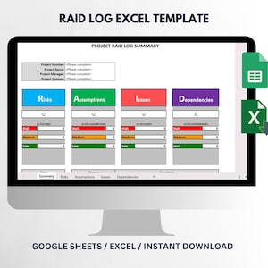 以下が含まれることがあります： RAIDログExcelテンプレートが表示されたコンピューターモニター。画面には、リスク、仮定、問題、依存関係のセクションがあるプロジェクトの概要が表示されます。下部のテキストは「GOOGLE SHEETS / EXCEL / INSTANT DOWNLOAD」と表示されています。