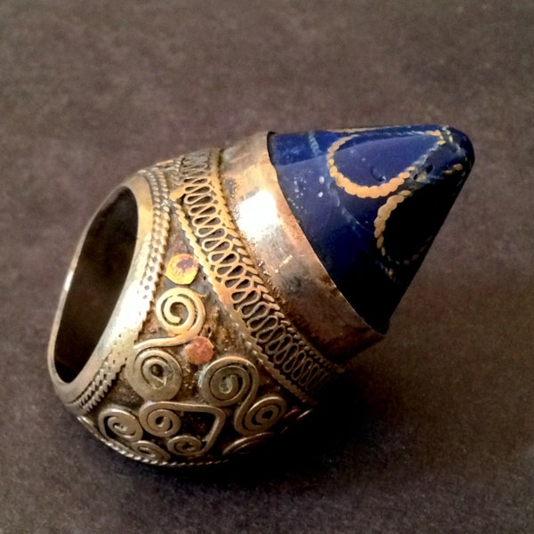 Large Vintage LAPIS LAZULI Tibetan Embossed Silver Ceremonial Ring / Afghanistan Origin / Bold and Chunky Statement Jewelry