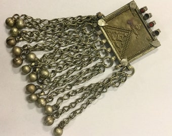 4 1/2” Large Dangle Tibetan Silver Heavy  Pendant with Long Decorative Chains / BELLY DANCE / Age use Visible