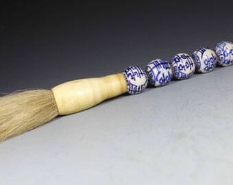 Calligraphy Brush // Blue and White Porcelain Roundels // Bone elements // Horse hair // Art Writing Supplies  // 12"  //  eb19