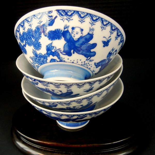 Four Oriental Soup bowls w/Hand Painted or Transferware Asian Boys chasing Butterflies....Awwwwww