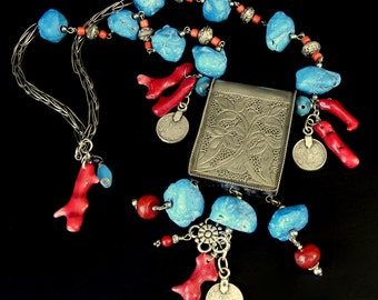 TIBETAN SILVER, Coral, and dyed blue Howlite (Faux Turquoise) Pendant necklace inspired by Global Influences // lw30