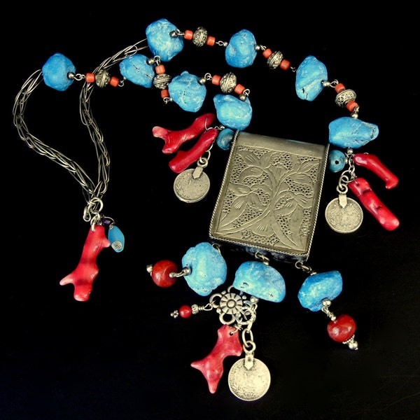 TIBETAN SILVER, Coral, and dyed blue Howlite (Faux Turquoise) Pendant necklace inspired by Global Influences // lw30