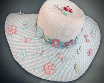 Floppy Flower & Bow Embellished Straw Hat by Liz ~Church~Wedding~Shower~Luncheon~Garden Party