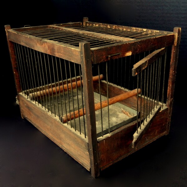 VINTAGE FRENCH BIRDCAGE //  8 x  8 x 10 3/4 wide //  Small Wood and Wire Birdcage with two Perches, Spring Door, cleaning tray  //