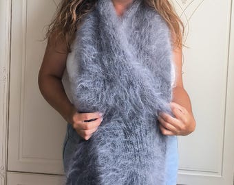 Écharpe duveteuse en laine et mohair : poil long épais tricoté main hiver
