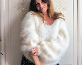 Fuzzy mohair sweater V-neck white one shoulder woman wool thick sweater longhair oversize