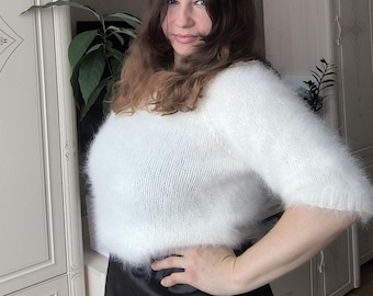 Fluffy crop wollen gebreide angora trui met één schouder, wit dames