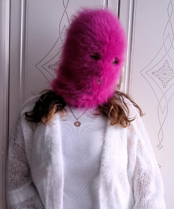 Mohair Wool Balaclava 3 Hole Fuzzy Thick Ski Mask Warm Pink Knit