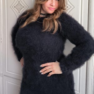 Mohair sweater dress woman fuzzy long sweater thick longhair black dress