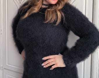 Fuzzy Mohair Sweater Dress Black: Longhair Black Knit