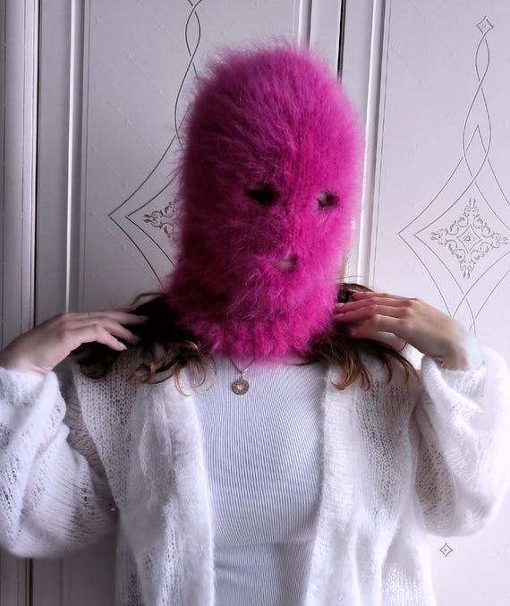 Mohair Wool Balaclava 3 Hole Fuzzy Thick Ski Mask Warm Pink Knit