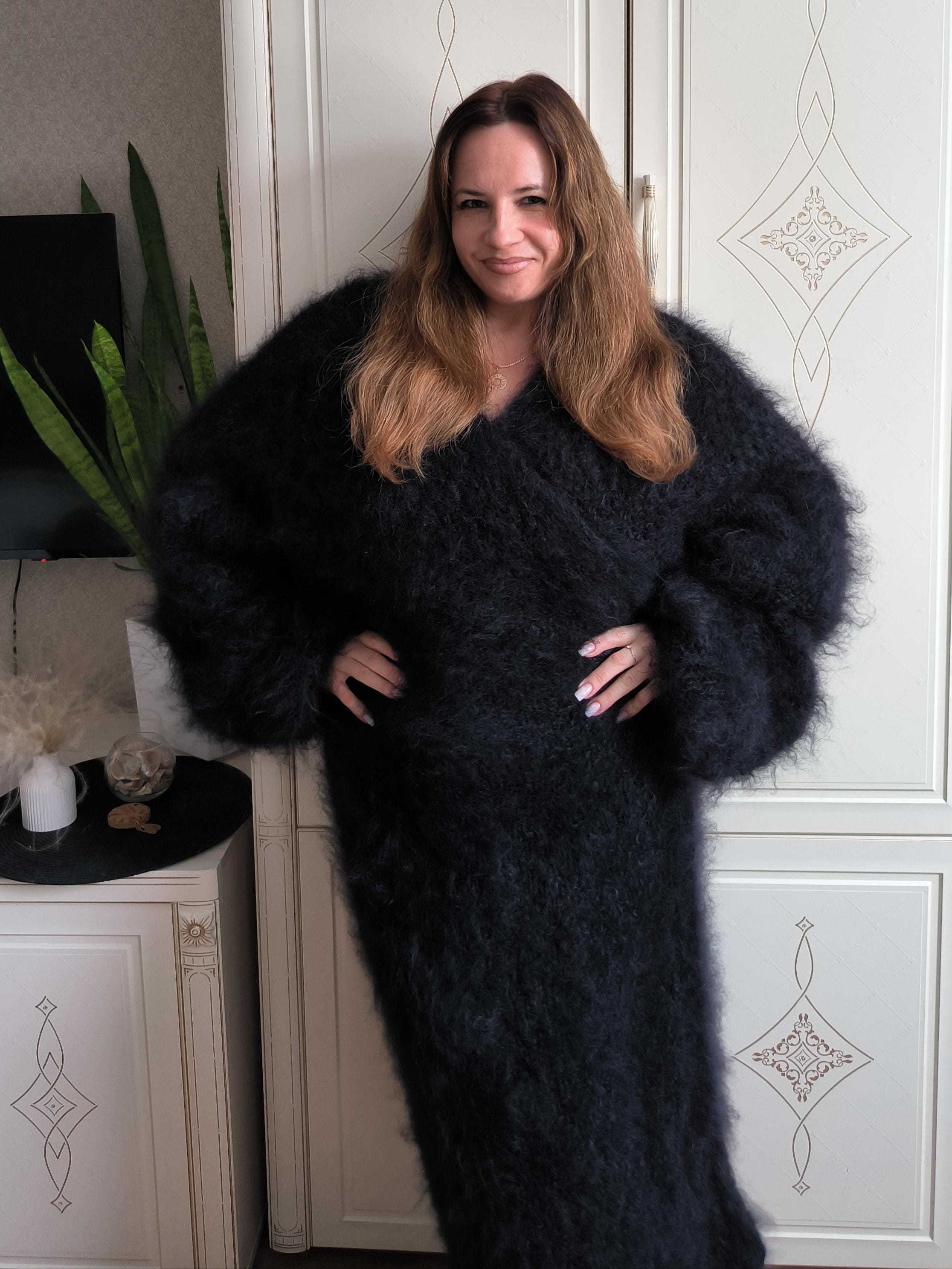 Fuzzy Wool Long Mohair Cardigan Black Unisex: Oversized, Longhair
