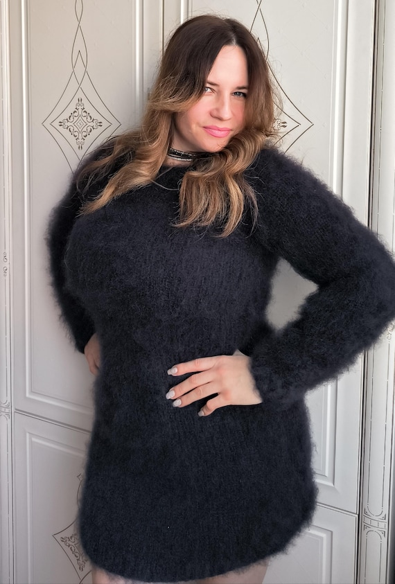 Fuzzy Mohair Sweater Dress Black: Longhair Black Knit