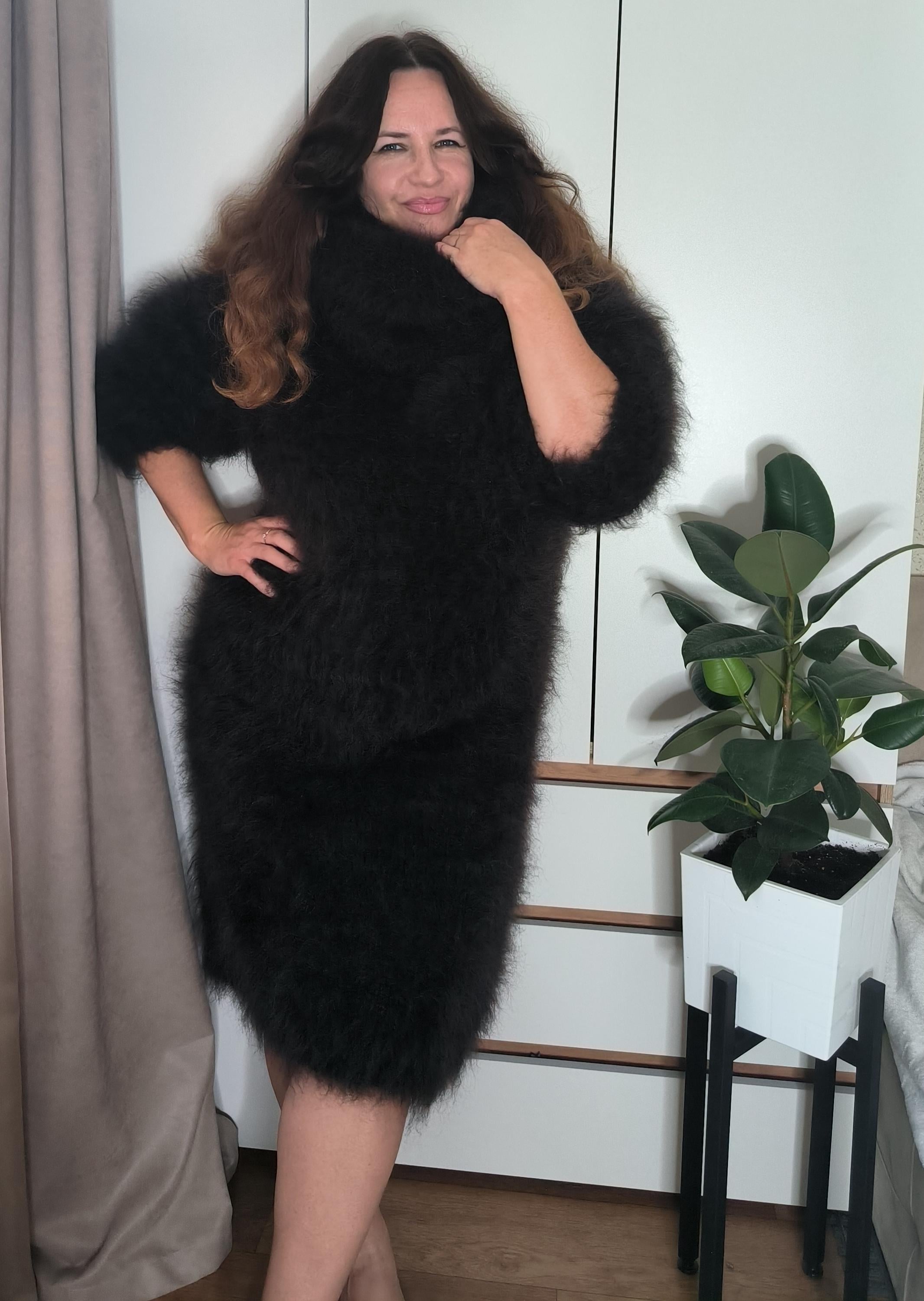 Thick Mohair Sweater Turtleneck: Fuzzy Wool Longhair Unisex Dress
