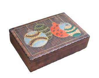 Carved Wood Box Hand Painted Christmas Theme Catchall Holiday Decorations Hinged Crafted Artisan Vintage Hostess Gift