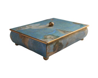 Angel  Cherub Blue Remote Control Decorative Box Gold Trim Vintage Catchall
