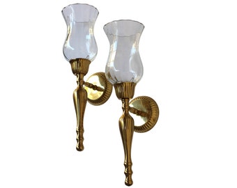 Lacquered Brass Crystal Glass Globe Hurricane Sconce Set Of 2 Sconces Vintage 1980s Flush Mount
