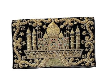 Indian Beaded Velvet Clutch Two Sided Vintage Black Gold Silver