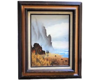 Seascape California Ocean Cliffs Beach Couple Walking On Beach Oil Painting MCM 1970s Brown Sand Birds Framed Vintage