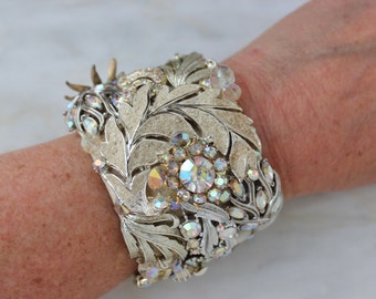 Upcycled Vintage Rhinestone Cuff Bracelet: Cream Floral Wedding Jewelry