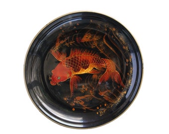 Black Lacquer Koi Fish Bowl Vintage Japan Toyo Decorative Minor Wear