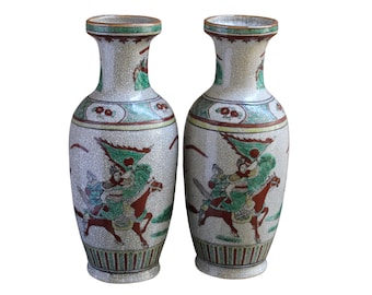 Chinese Porcelain Crackle Glaze Warriors Floor Vases Chenghua Brown Mark Vintage Pair