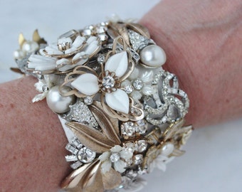Upcycled Vintage Jewelry Cuff Bracelet: Rhinestone Floral Bride Wedding