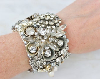 Upcycled Vintage Costume Jewelry Cuff Bracelet Leaf Floral Flower Rhinestone Statement Cream Bride OOAK