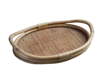 Oval Shape Bamboo and Rattan Wicker Bent Wood Serving Tray Vintage