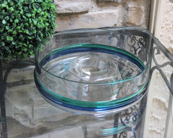 Pfaltzgraff Ocean Breeze Chip Dip Dish Hand Blown Crystal Clear Glass Blue Green Bands