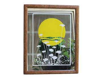 Painted Sunset On Mirror White Florals Framed In Wood 1970s Vibe Rectangular