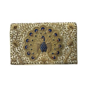 Clutch indio de terciopelo con cuentas, dos caras, vintage, beige, dorado y plateado
