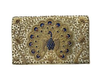 Indian Beaded Velvet Clutch Two Sided Vintage Beige Gold Silver