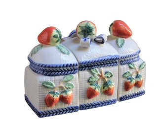 Blue And White Porcelain Strawberry Jam Condiment Holder Chinoiserie Vintage Breakfast Brunch Trio