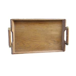 MCM Teak Wood Tray Handles Bar Serving Brass Vintage 1960s 60s image 1