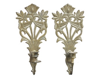 Brass Wall Sconce For Candle Feather Palm Leaf Texture Vintage Pair