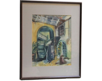 Original Watercolor Painting Blue Yellow Spanish Architecture Colorful Courtyard  Vintage Framed