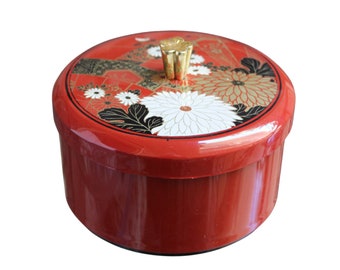 Japanese Lacquer Round Lidded Box Red Black Floral Gold Accents Vintage Japan
